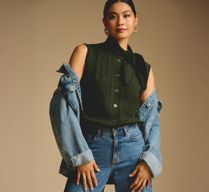 Tie Neck Whipstitch Cable Knit  Sweater Vest - Jungle Green Black | Adrianna Papell
