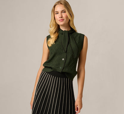 Tie Neck Whipstitch Cable Knit  Sweater Vest - Jungle Green Black | Adrianna Papell