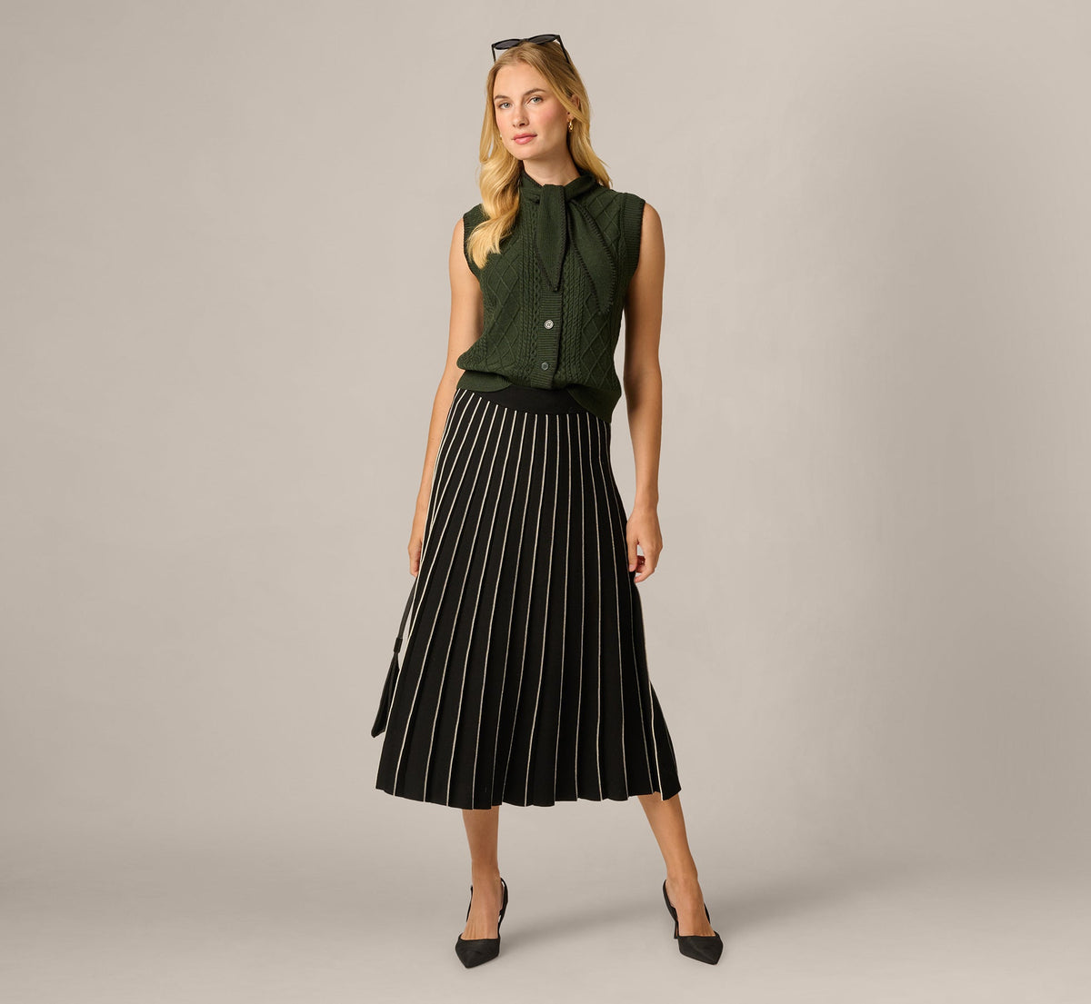 Tie Neck Whipstitch Cable Knit  Sweater Vest - Jungle Green Black | Adrianna Papell