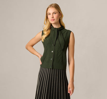 Tie Neck Whipstitch Cable Knit  Sweater Vest - Jungle Green Black | Adrianna Papell
