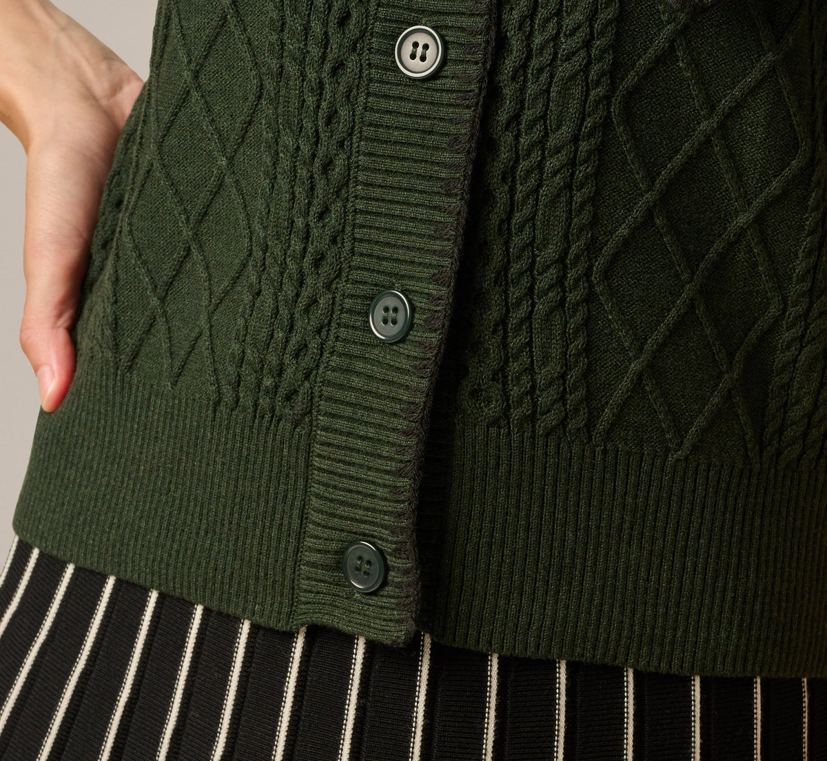Tie Neck Whipstitch Cable Knit  Sweater Vest - Jungle Green Black | Adrianna Papell