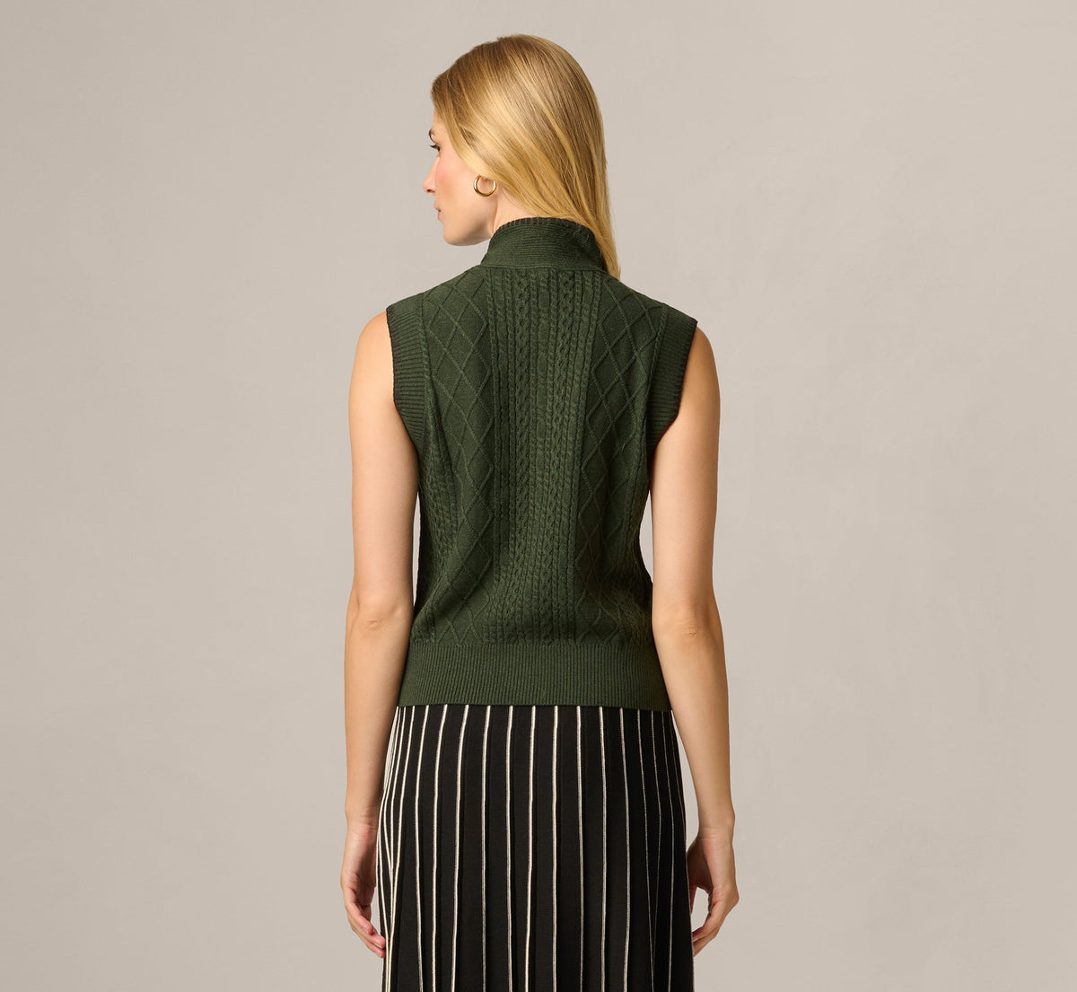 Tie Neck Whipstitch Cable Knit  Sweater Vest - Jungle Green Black | Adrianna Papell