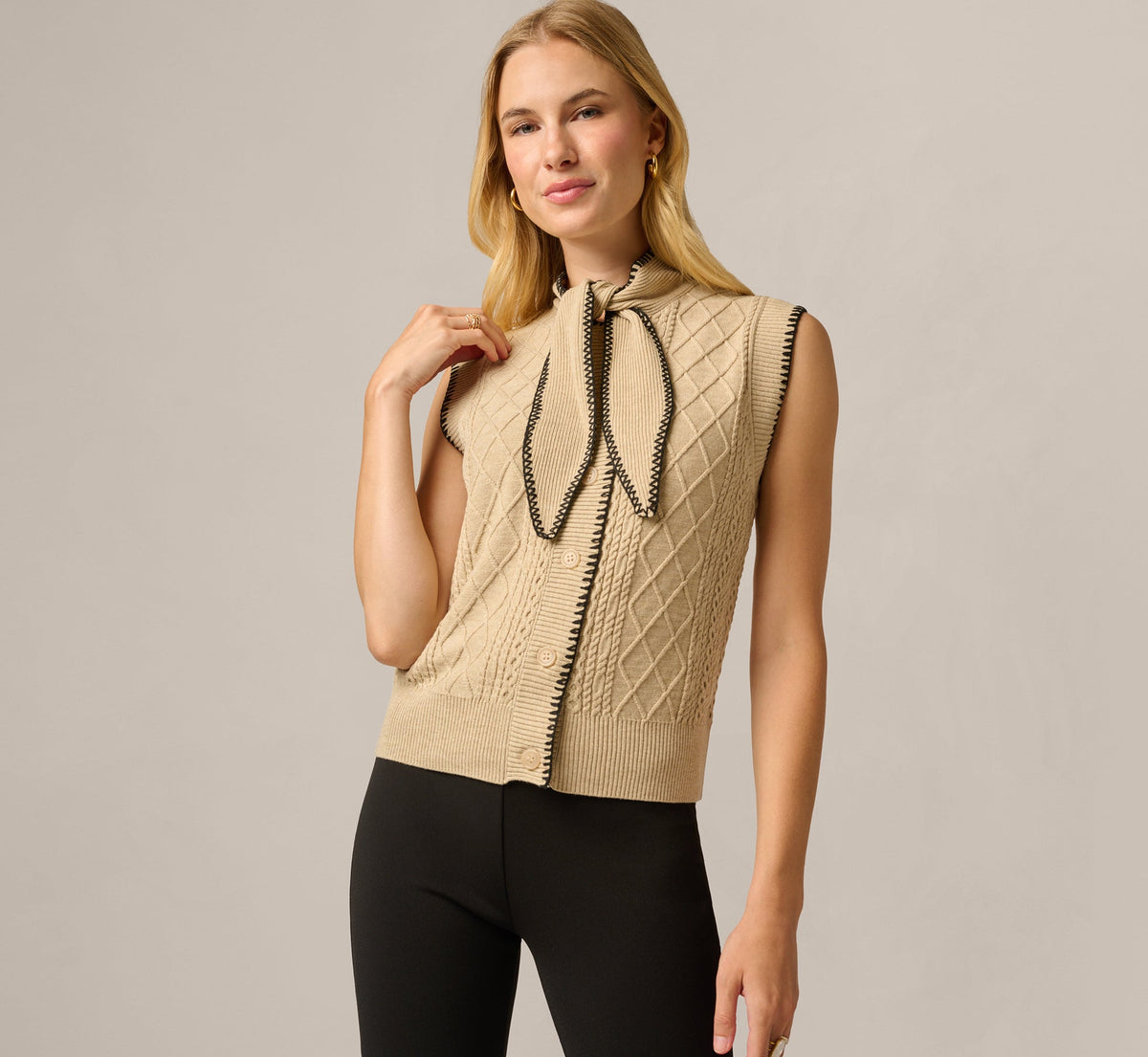 Tie Neck Whipstitch Cable Knit  Sweater Vest - Caramel Black | Adrianna Papell