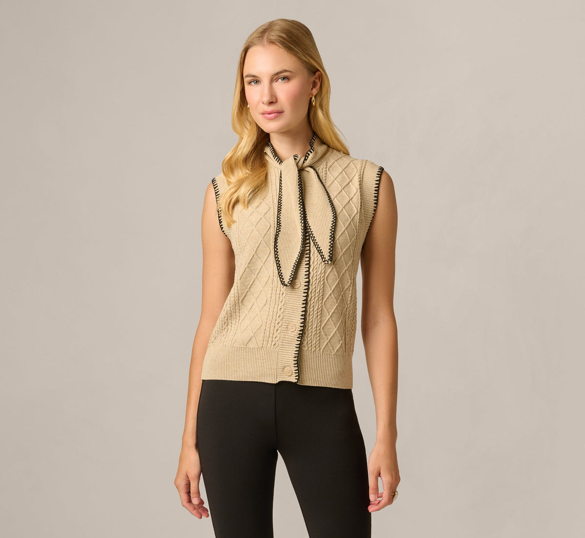 Tie Neck Whipstitch Cable Knit  Sweater Vest - Caramel Black | Adrianna Papell