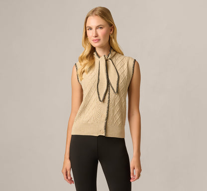 Tie Neck Whipstitch Cable Knit  Sweater Vest - Caramel Black | Adrianna Papell