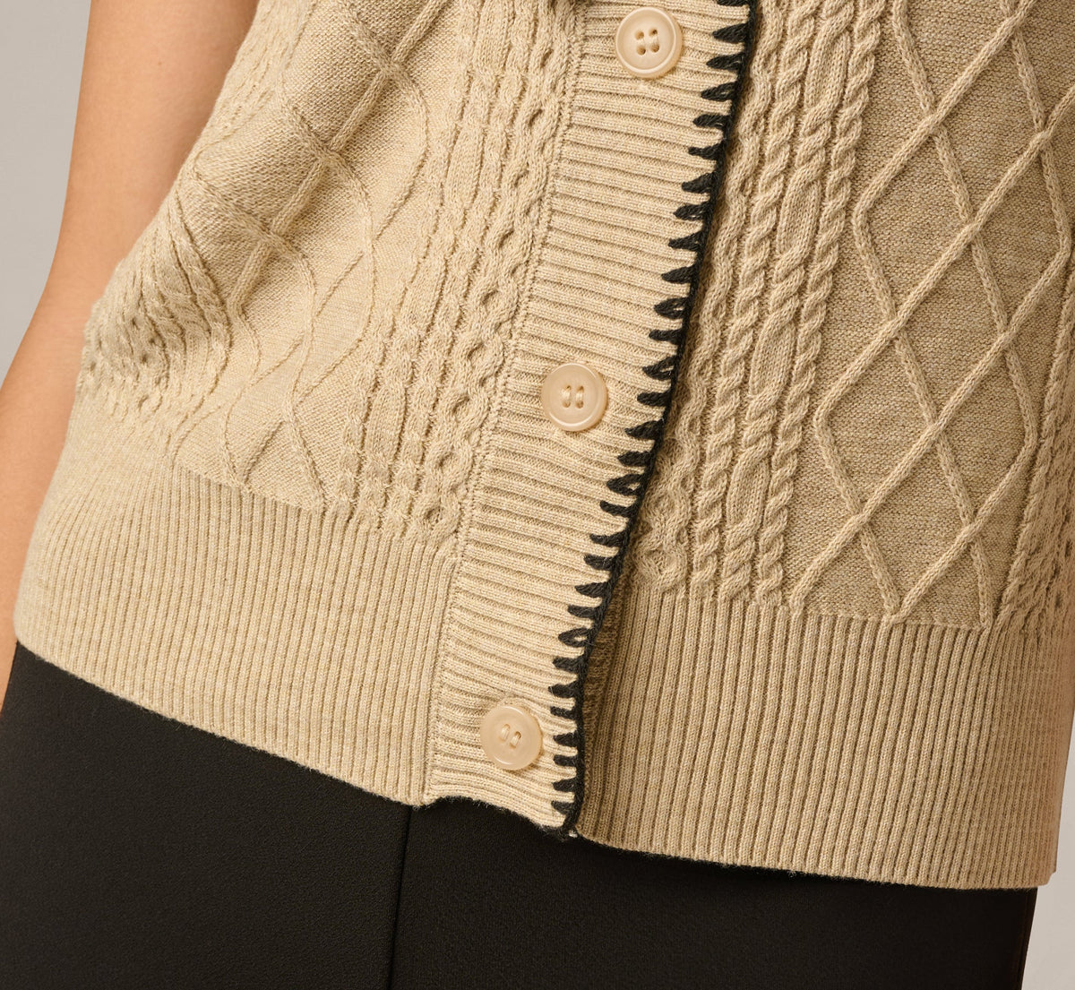 Tie Neck Whipstitch Cable Knit  Sweater Vest - Caramel Black | Adrianna Papell