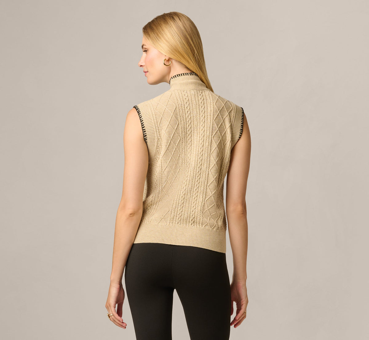 Tie Neck Whipstitch Cable Knit  Sweater Vest - Caramel Black | Adrianna Papell