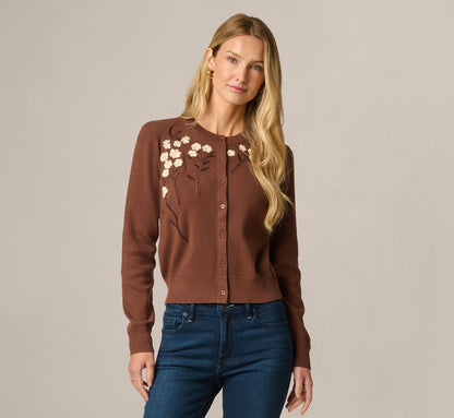 Long Sleeve Floral Blossom Embroidered Cardigan Sweater - Truffle Cream | Adrianna Papell