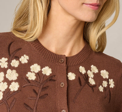 Long Sleeve Floral Blossom Embroidered Cardigan Sweater - Truffle Cream | Adrianna Papell