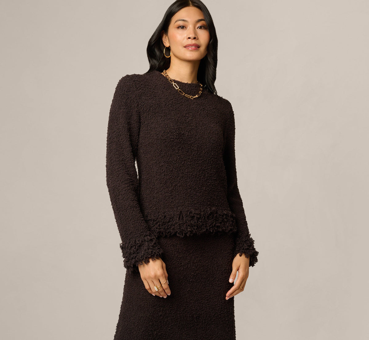 Long Sleeve Fuzzy Fringe Trim Sweater - Dark Roast | Adrianna Papell