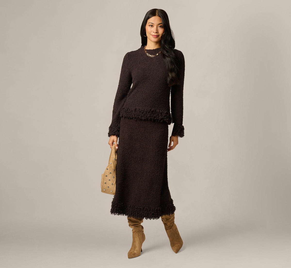 Long Sleeve Fuzzy Fringe Trim Sweater - Dark Roast | Adrianna Papell