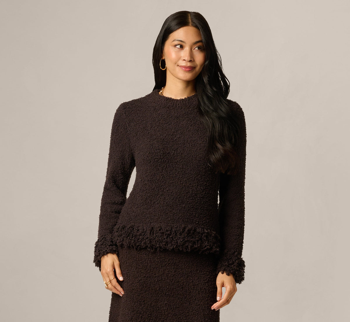 Long Sleeve Fuzzy Fringe Trim Sweater - Dark Roast | Adrianna Papell