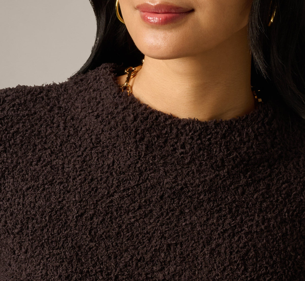 Long Sleeve Fuzzy Fringe Trim Sweater - Dark Roast | Adrianna Papell