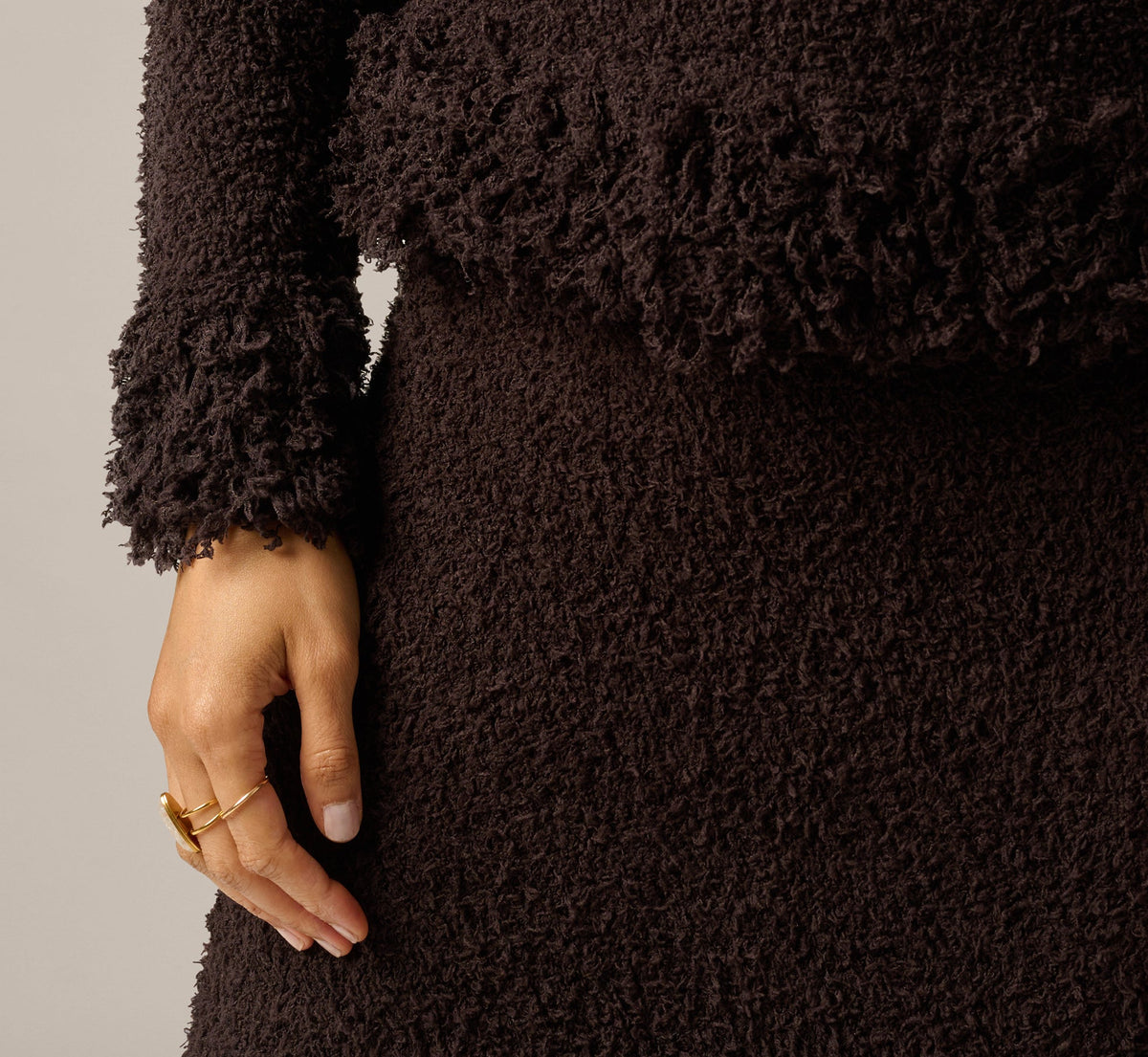 Long Sleeve Fuzzy Fringe Trim Sweater - Dark Roast | Adrianna Papell