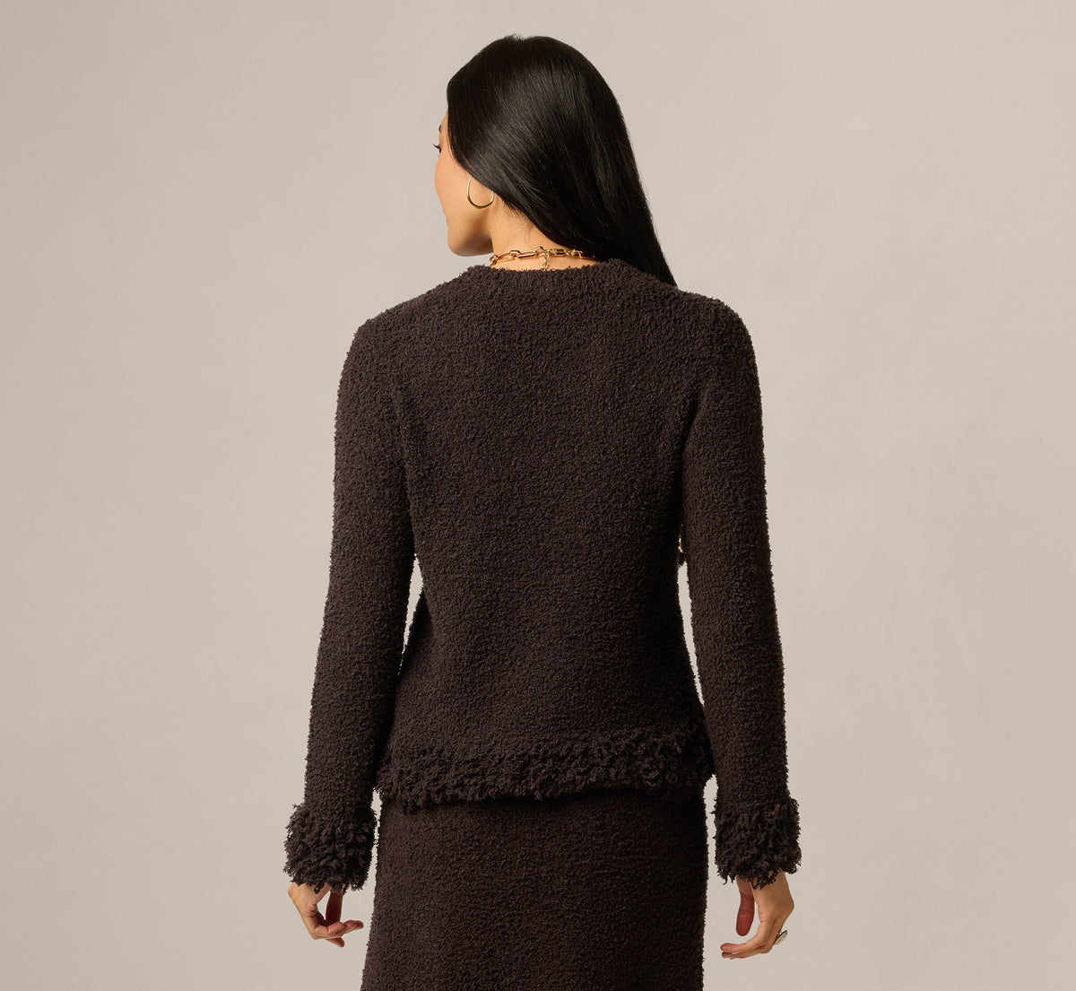 Long Sleeve Fuzzy Fringe Trim Sweater - Dark Roast | Adrianna Papell