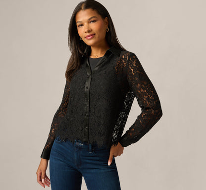 Long Sleeve Satin Trim Sheer Lace Blouse - Black | Adrianna Papell
