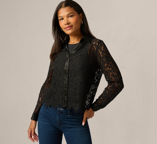 Long Sleeve Satin Trim Sheer Lace Blouse - Black | Adrianna Papell
