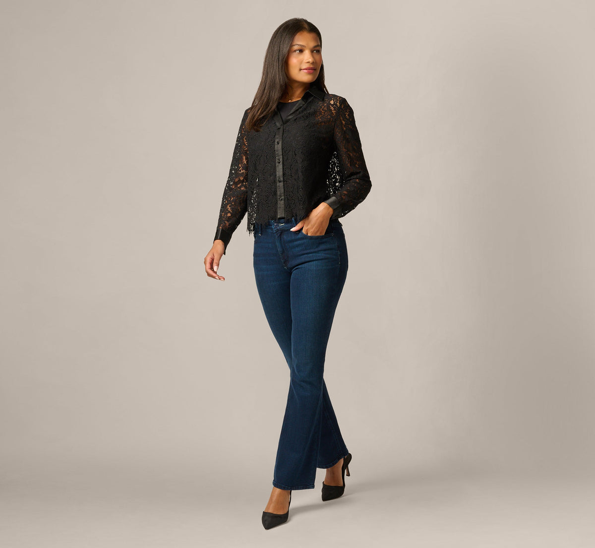Long Sleeve Satin Trim Sheer Lace Blouse - Black | Adrianna Papell