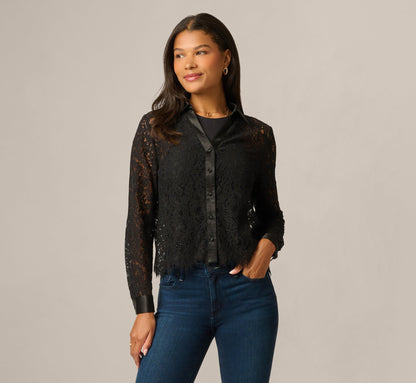 Long Sleeve Satin Trim Sheer Lace Blouse - Black | Adrianna Papell