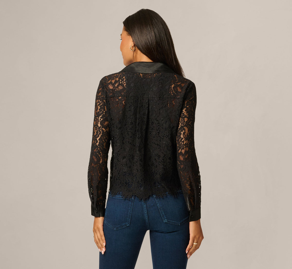 Long Sleeve Satin Trim Sheer Lace Blouse - Black | Adrianna Papell