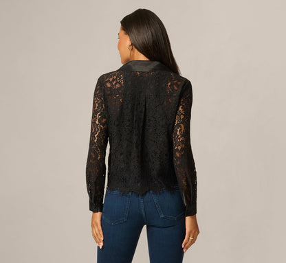 Long Sleeve Satin Trim Sheer Lace Blouse - Black | Adrianna Papell
