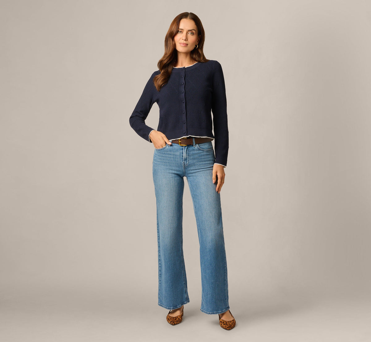 Long Sleeve Crochet Trim Cardigan Sweater - Navy Ivory | Adrianna Papell