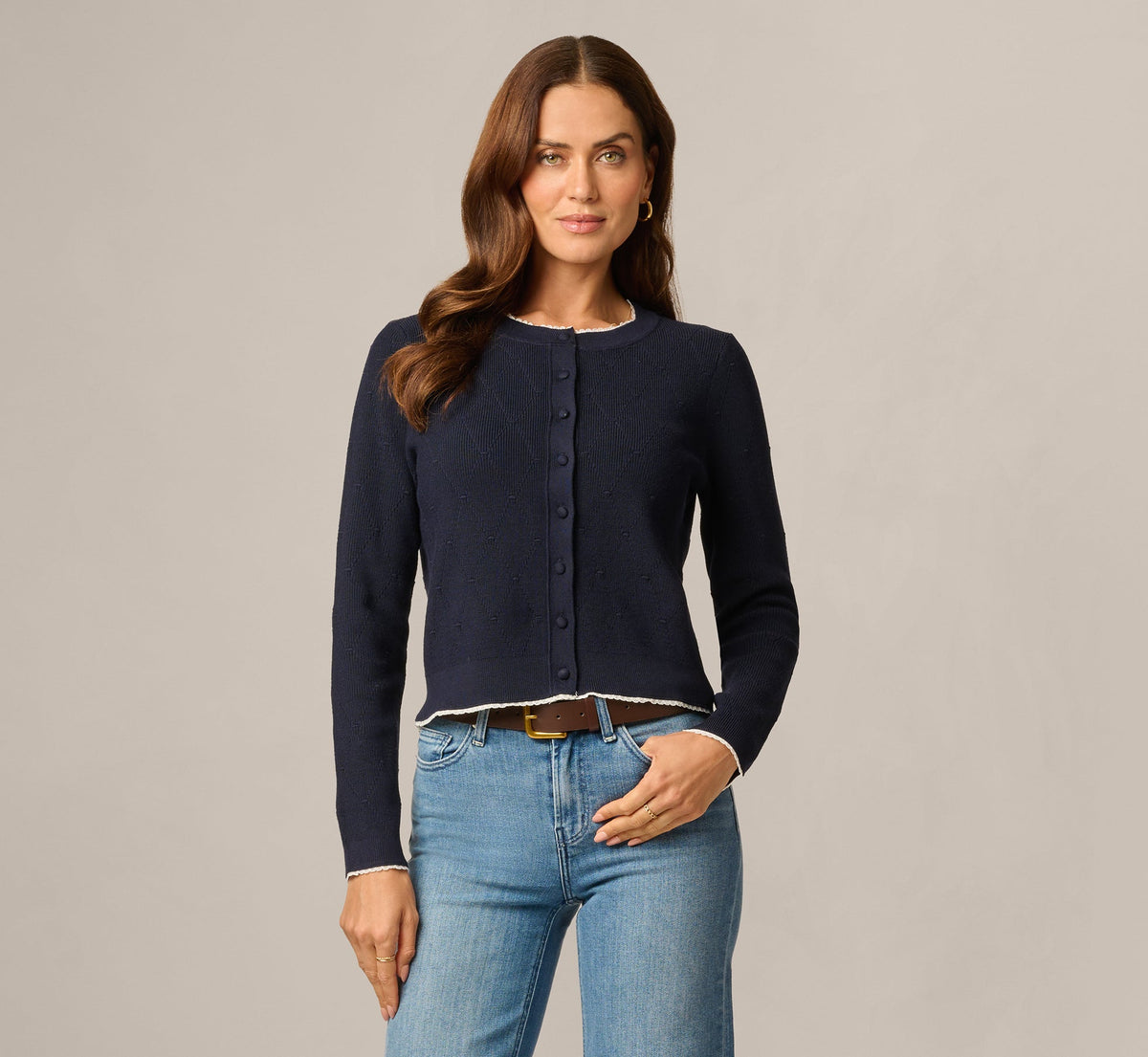 Long Sleeve Crochet Trim Cardigan Sweater - Navy Ivory | Adrianna Papell