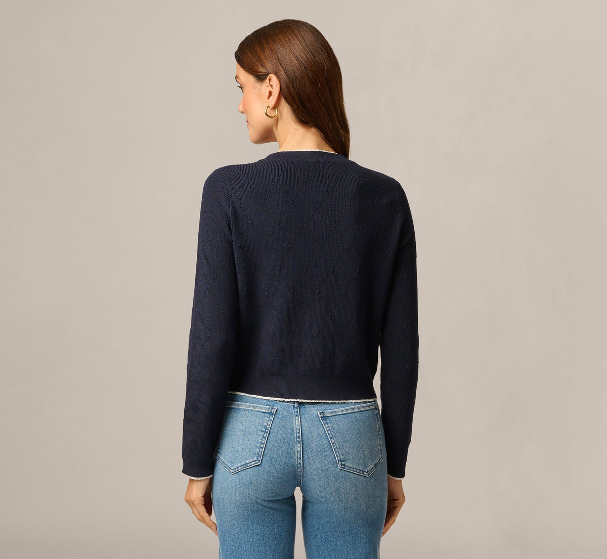 Long Sleeve Crochet Trim Cardigan Sweater - Navy Ivory | Adrianna Papell