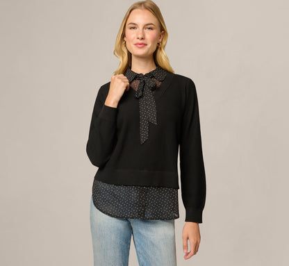 Long Sleeve Tie Neck Twofer Sweater Top - Black W  Black Ivory Dot | Adrianna Papell