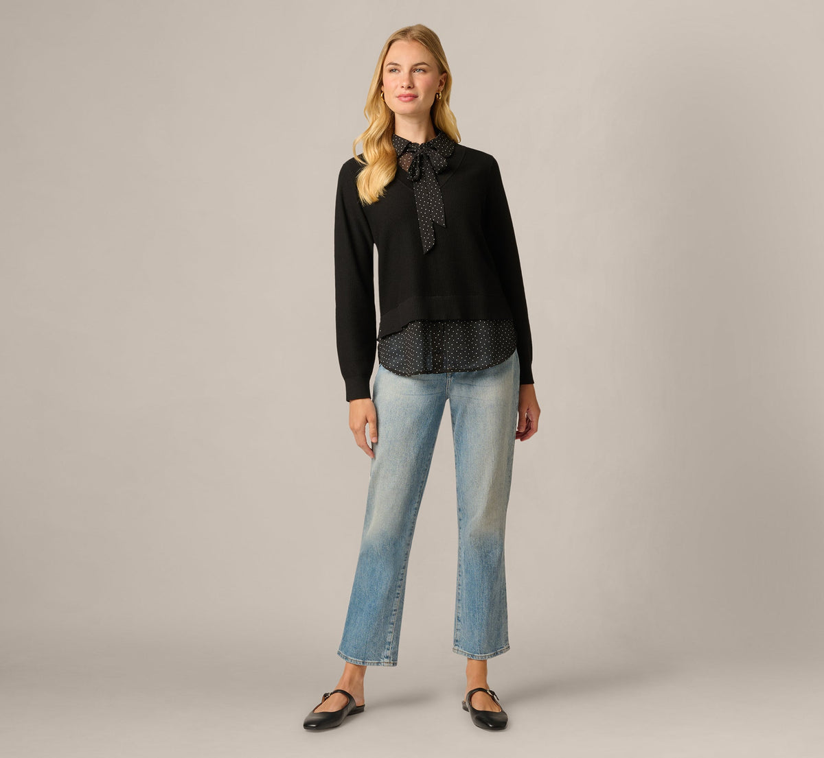 Long Sleeve Tie Neck Twofer Sweater Top - Black W  Black Ivory Dot | Adrianna Papell