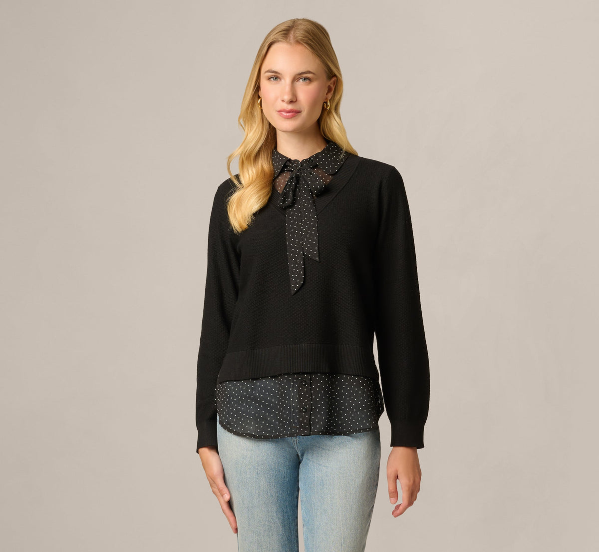 Long Sleeve Tie Neck Twofer Sweater Top - Black W  Black Ivory Dot | Adrianna Papell