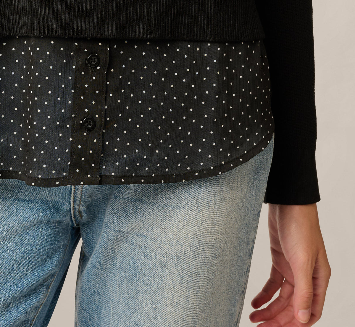 Long Sleeve Tie Neck Twofer Sweater Top - Black W  Black Ivory Dot | Adrianna Papell