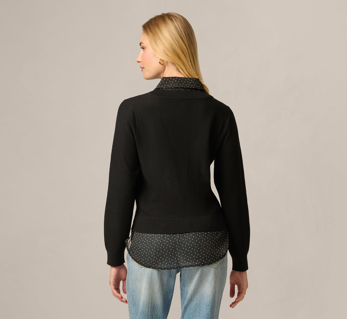 Long Sleeve Tie Neck Twofer Sweater Top - Black W  Black Ivory Dot | Adrianna Papell