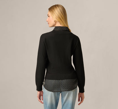 Long Sleeve Tie Neck Twofer Sweater Top - Black W  Black Ivory Dot | Adrianna Papell