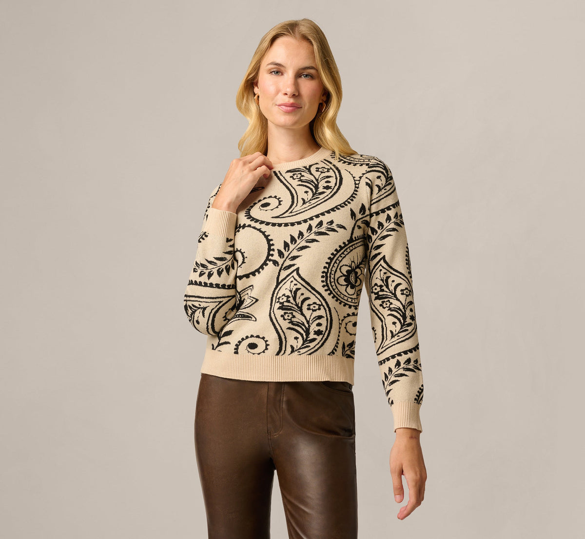 Long Sleeve Ribbed Trim Crew Neck Pullover Sweater - Cream Black Paisley | Adrianna Papell