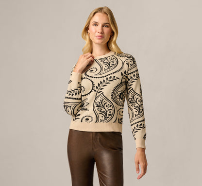 Long Sleeve Ribbed Trim Crew Neck Pullover Sweater - Cream Black Paisley | Adrianna Papell