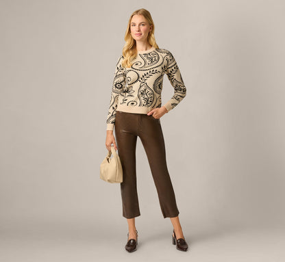 Long Sleeve Ribbed Trim Crew Neck Pullover Sweater - Cream Black Paisley | Adrianna Papell