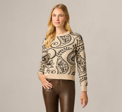 Long Sleeve Ribbed Trim Crew Neck Pullover Sweater - Cream Black Paisley | Adrianna Papell