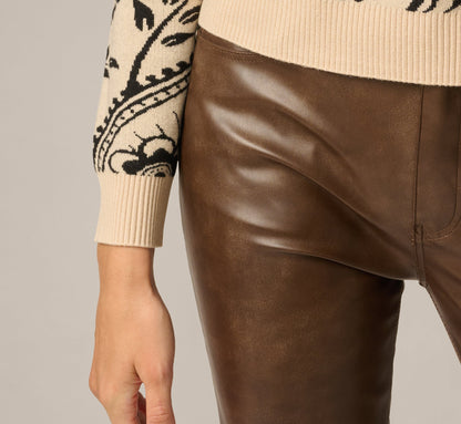 Long Sleeve Ribbed Trim Crew Neck Pullover Sweater - Cream Black Paisley | Adrianna Papell