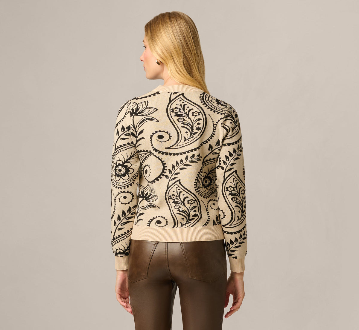 Long Sleeve Ribbed Trim Crew Neck Pullover Sweater - Cream Black Paisley | Adrianna Papell