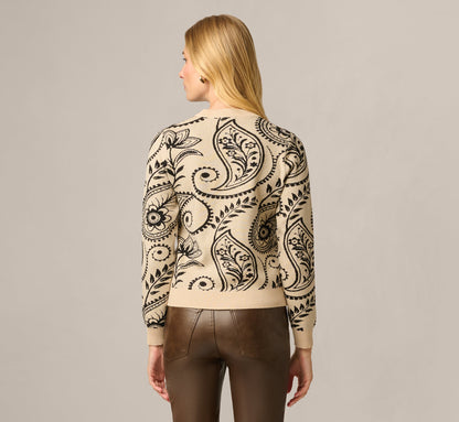 Long Sleeve Ribbed Trim Crew Neck Pullover Sweater - Cream Black Paisley | Adrianna Papell