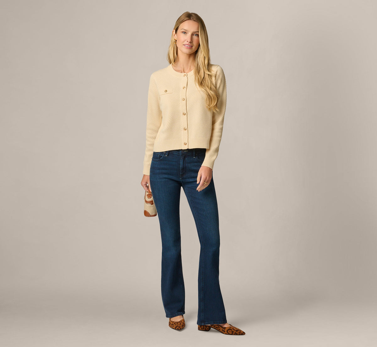 Long Sleeve Textured Knit Cardigan Sweater - Cream | Adrianna Papell