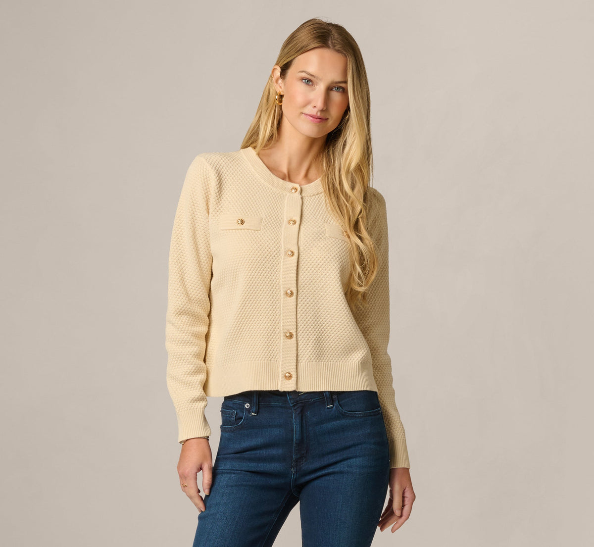 Long Sleeve Textured Knit Cardigan Sweater - Cream | Adrianna Papell