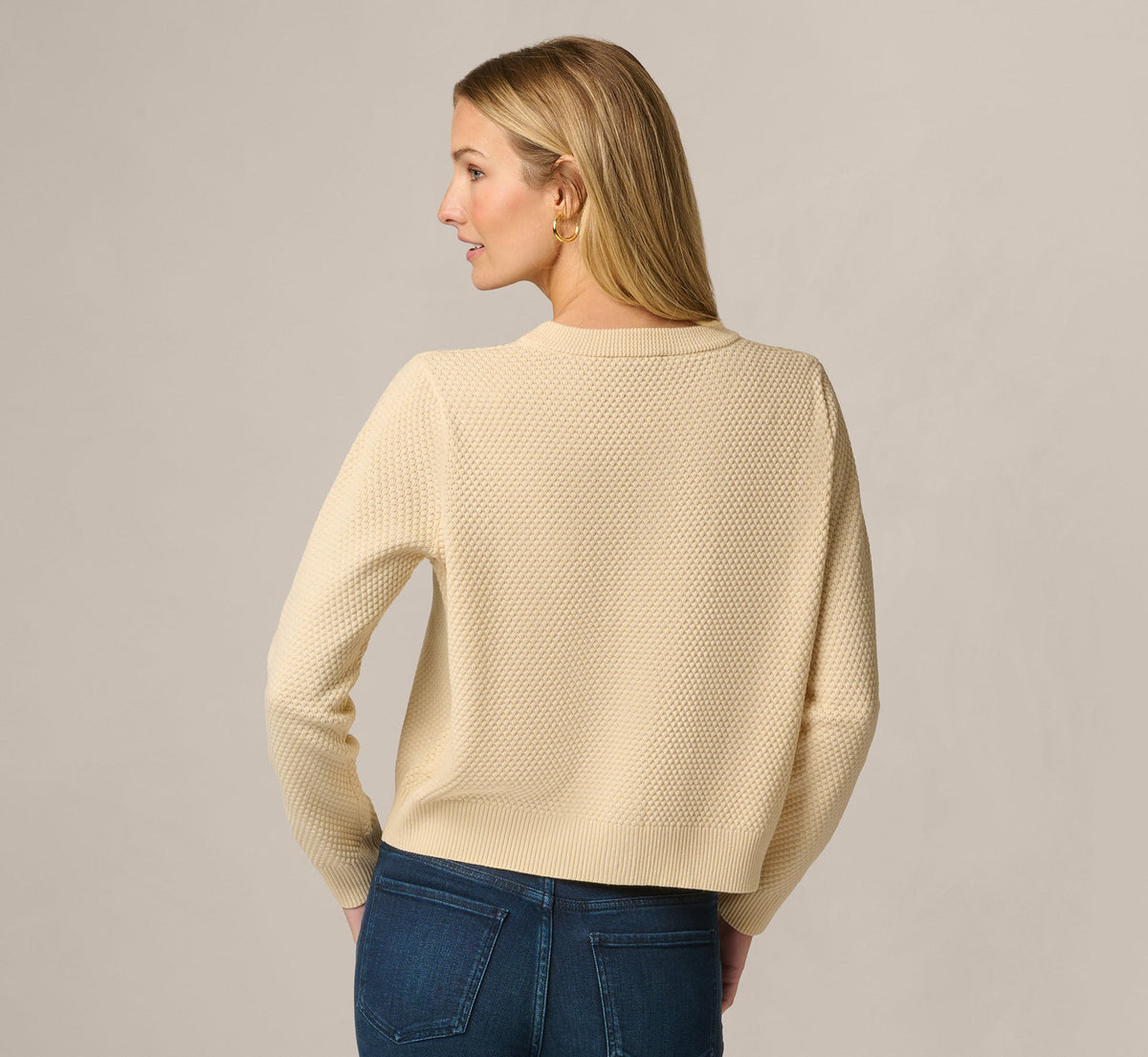 Long Sleeve Textured Knit Cardigan Sweater - Cream | Adrianna Papell