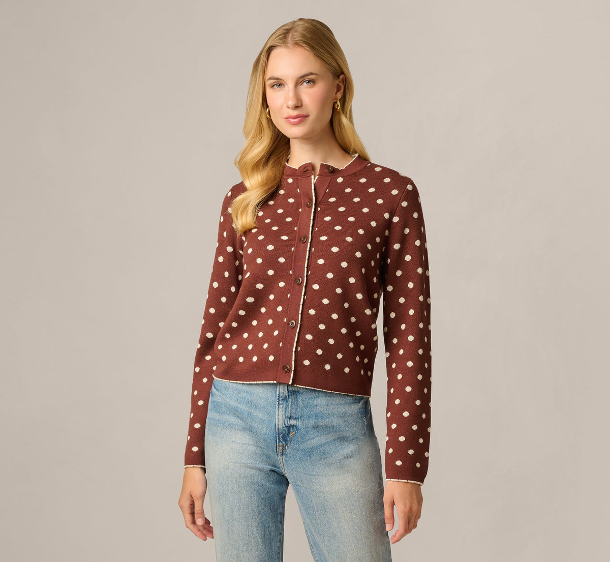Long Sleeve Crew Neck Cardigan Sweater - Hazelnut Cream | Adrianna Papell