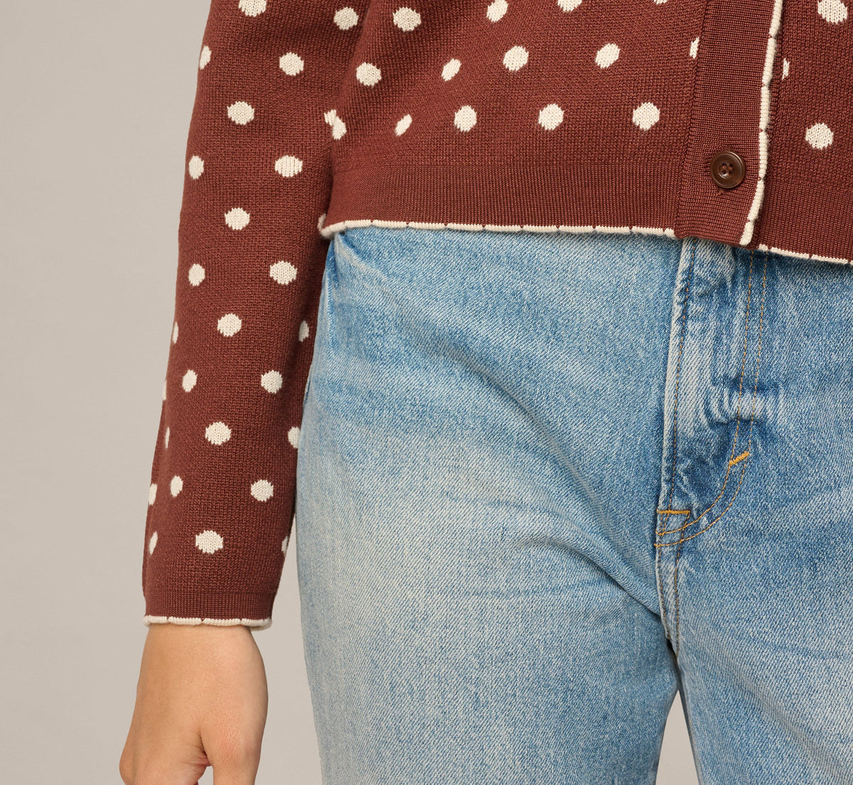 Long Sleeve Crew Neck Cardigan Sweater - Hazelnut Cream | Adrianna Papell