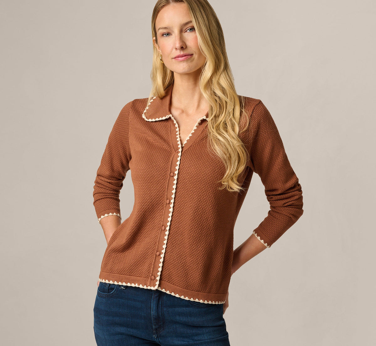 Long Sleeve Polo Collar Contrast Stitched Cardigan Sweater - Tobacco Cream | Adrianna Papell