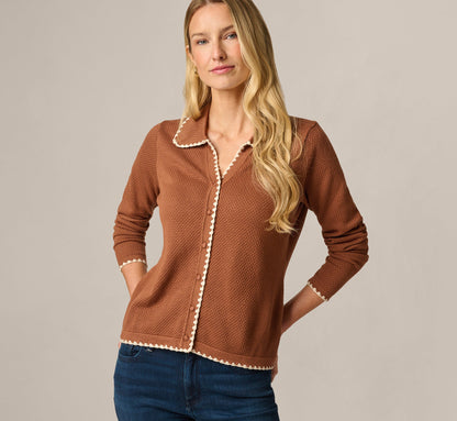 Long Sleeve Polo Collar Contrast Stitched Cardigan Sweater - Tobacco Cream | Adrianna Papell