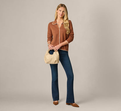 Long Sleeve Polo Collar Contrast Stitched Cardigan Sweater - Tobacco Cream | Adrianna Papell