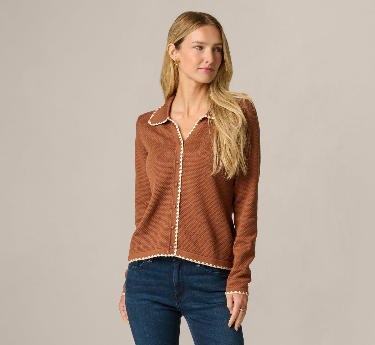 Long Sleeve Polo Collar Contrast Stitched Cardigan Sweater - Tobacco Cream | Adrianna Papell